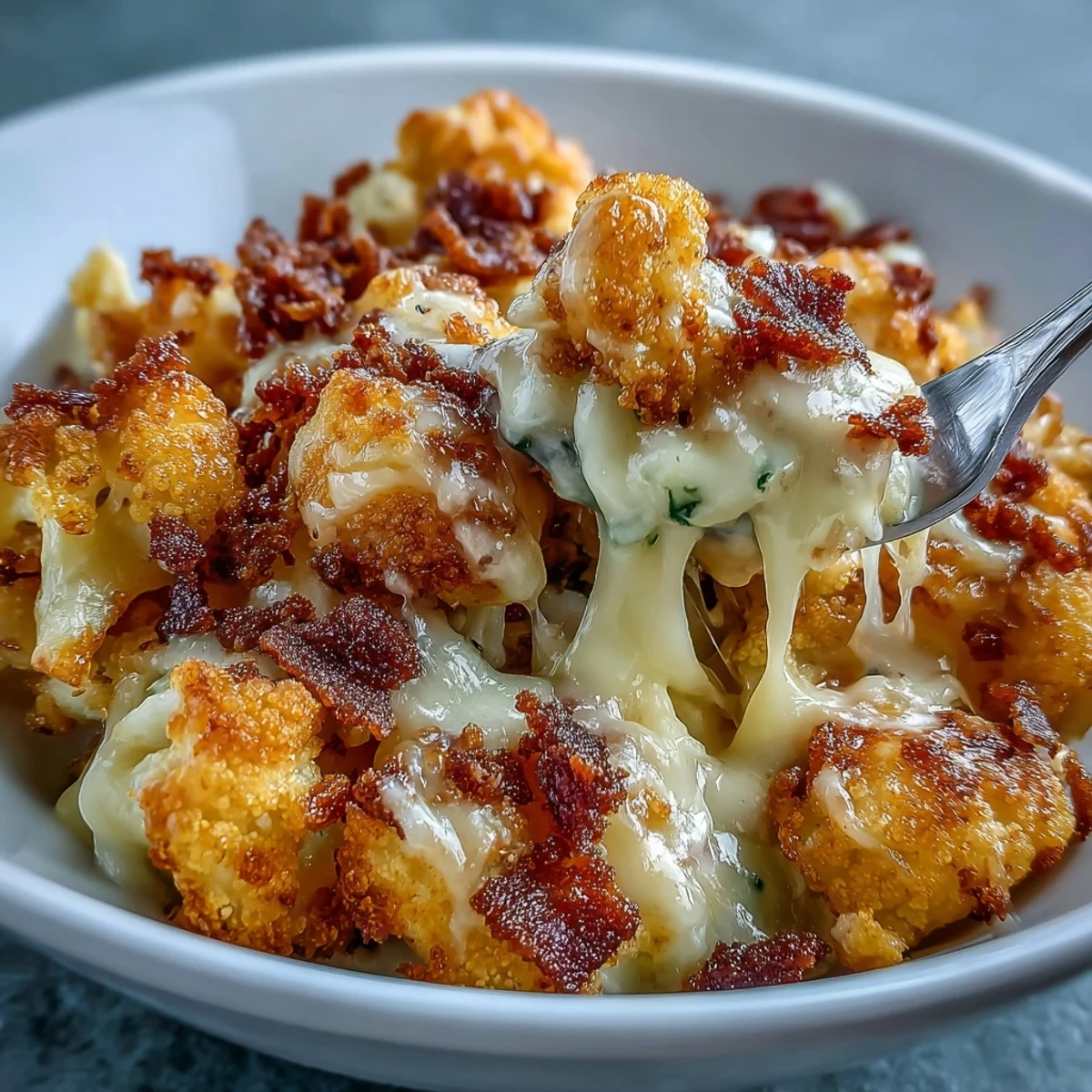 Creamy Keto Mac and Cheese with roasted cauliflower florets and crispy bacon crumbs, served hot and golden.