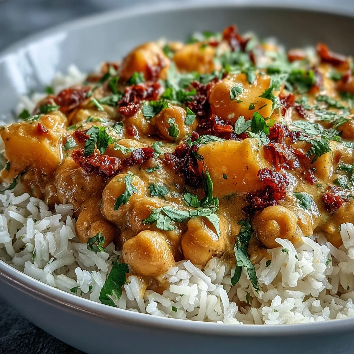 Creamy vegan mango coconut chickpea curry served over fluffy rice with fresh cilantro garnish.