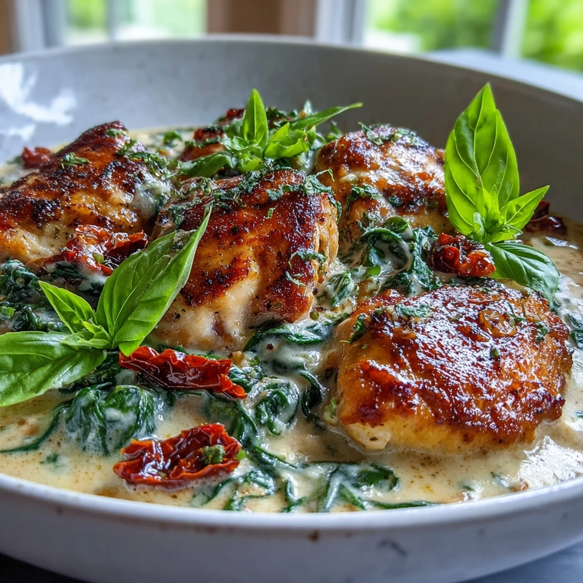 Fork-tender Keto Creamy Tuscan Chicken nestled in a rich, garlicky Parmesan cream sauce with wilted spinach.