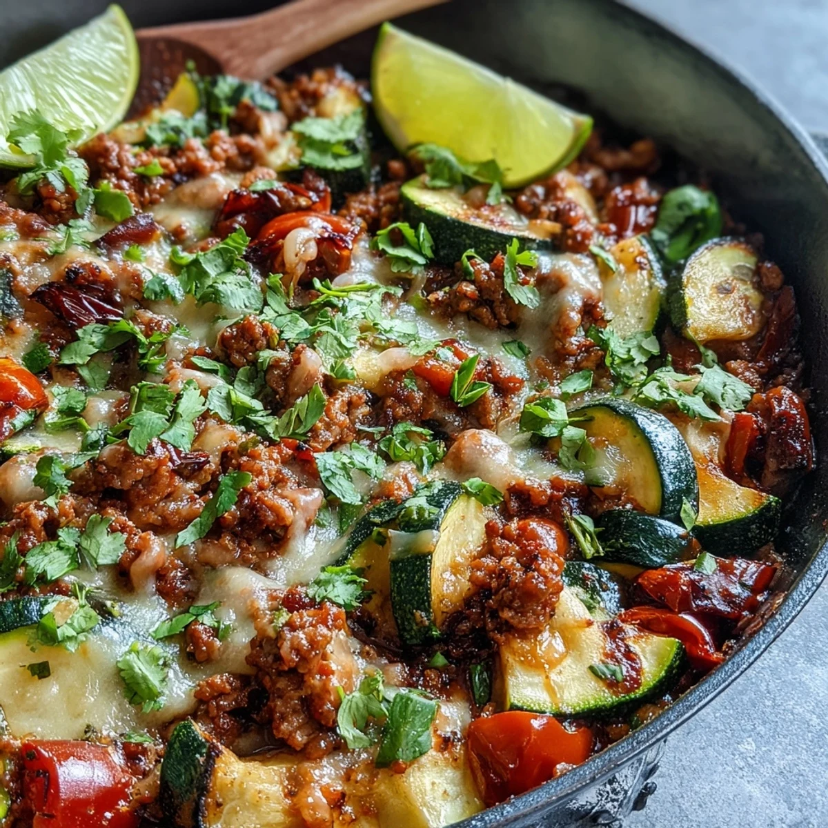 Close-up of One-Pot Turkey Taco Zucchini Skillet topped with cilantro and a lime wedge.