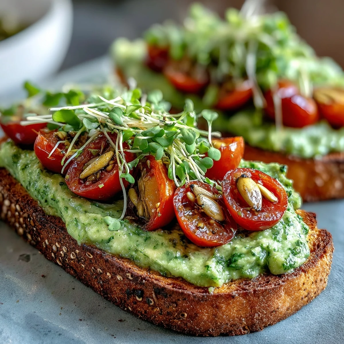 Rustic sourdough toast spread with bright avocado pesto, finished with flaky sea salt and colorful microgreens.