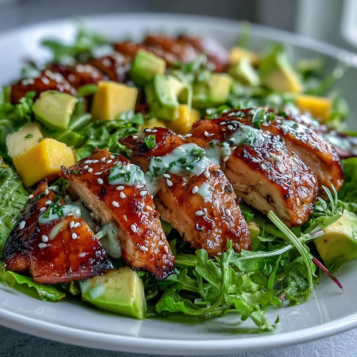 Toasted sesame seeds garnish the platter of vibrant, Asian-inspired Mango Green Tea Grilled Chicken Salad.