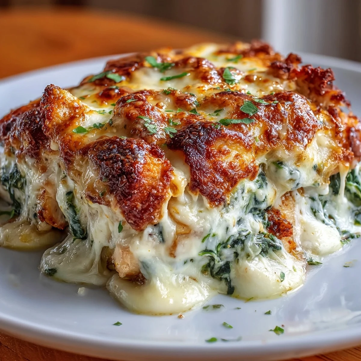 Golden-brown Keto Spinach Artichoke Chicken Bake fresh from the oven, featuring bubbling mozzarella and Parmesan over creamy spinach and artichoke topping.