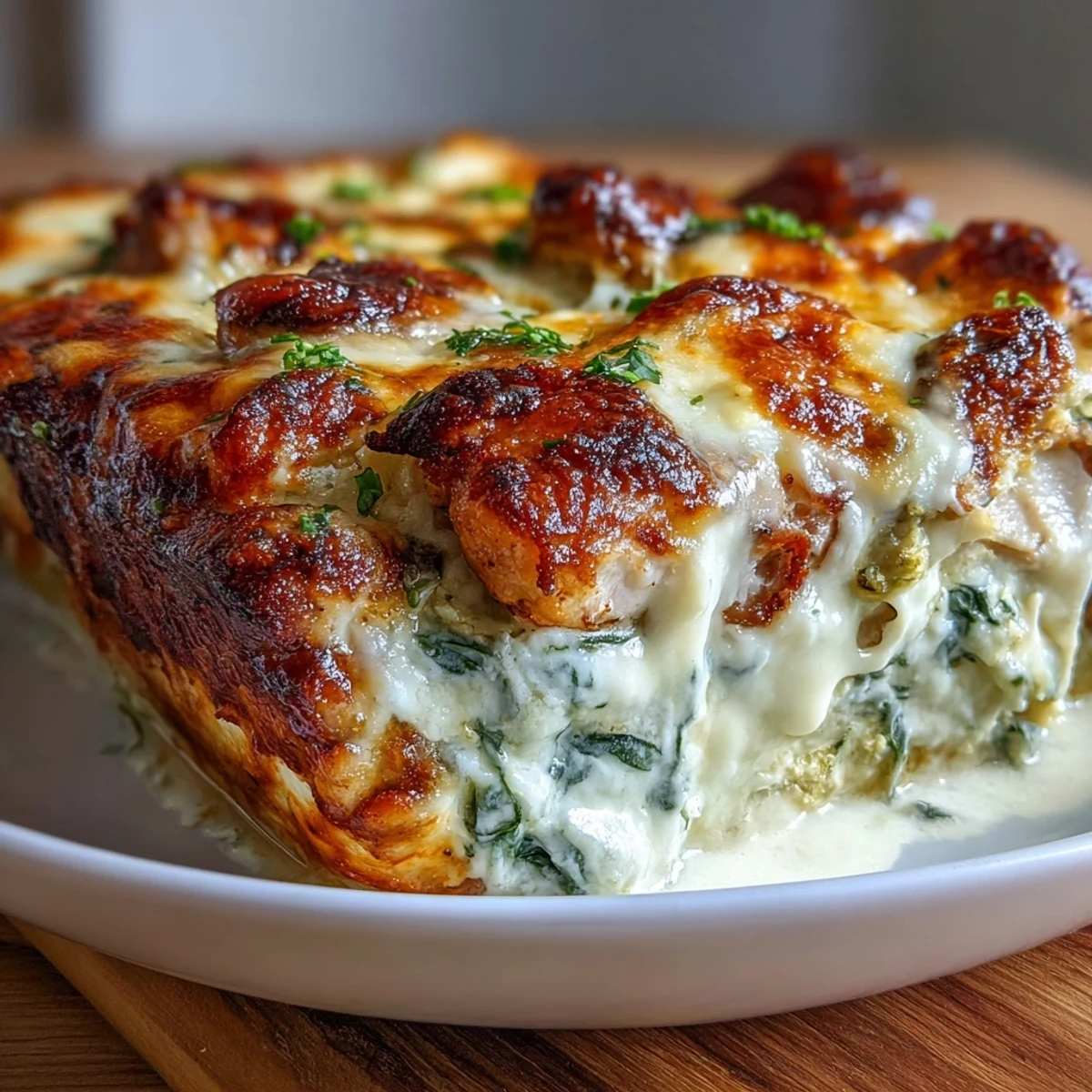 A close-up of Keto Spinach Artichoke Chicken Bake served on a white plate, highlighting the juicy chicken and chunky artichoke hearts.