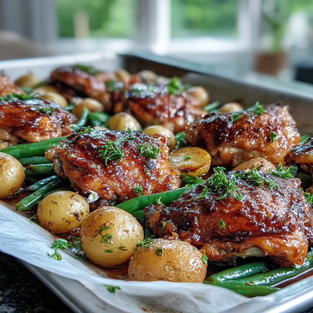 Golden-brown Honey Garlic Sheet Pan Chicken thighs roasted with baby potatoes and green beans, glistening with a sweet savory glaze.