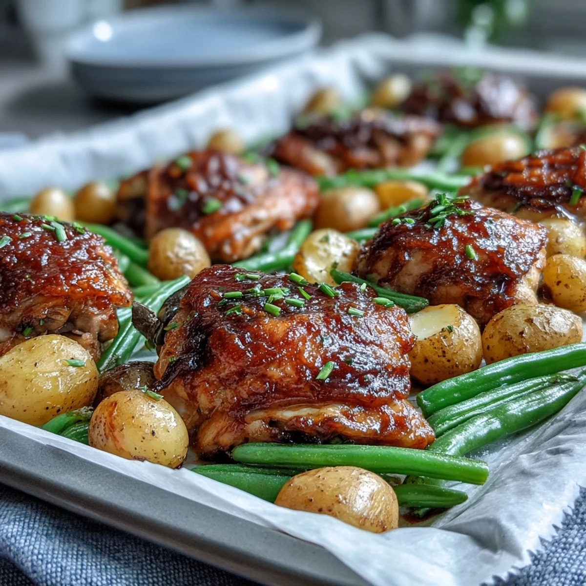 A plated serving of Honey Garlic Sheet Pan Chicken, featuring glazed chicken thighs, potatoes, and green beans on a white dish.