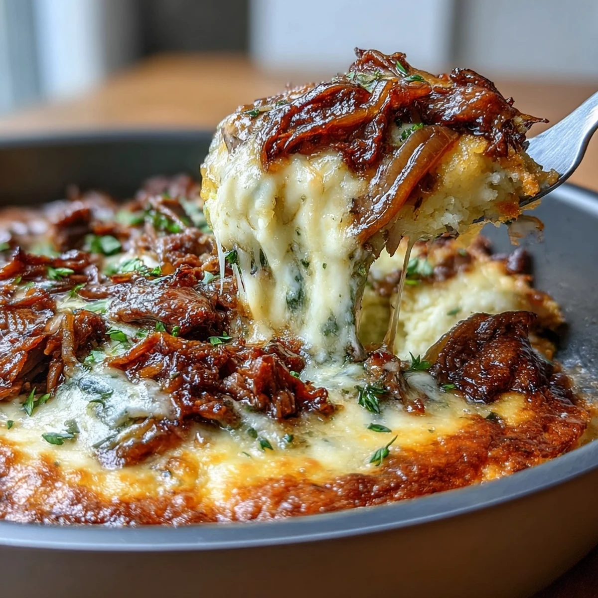 Close-up of baked Keto Philly Cheesesteak Casserole with Cauliflower Rice, featuring golden, bubbly provolone and mozzarella cheese topping.