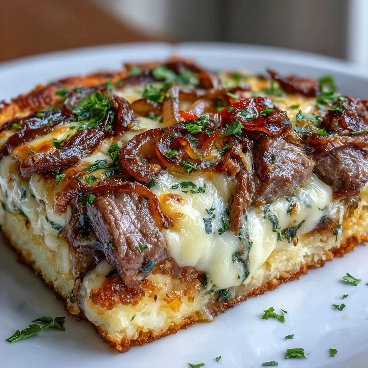 Freshly baked Keto Philly Cheesesteak Casserole with Cauliflower Rice served in a dish, garnished with green onions and ready to serve.
