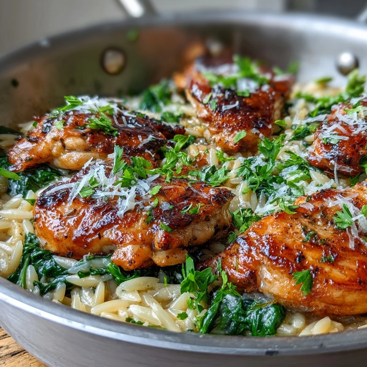 Tender chicken thighs and orzo pasta coated in a bright lemon garlic sauce with wilted spinach.