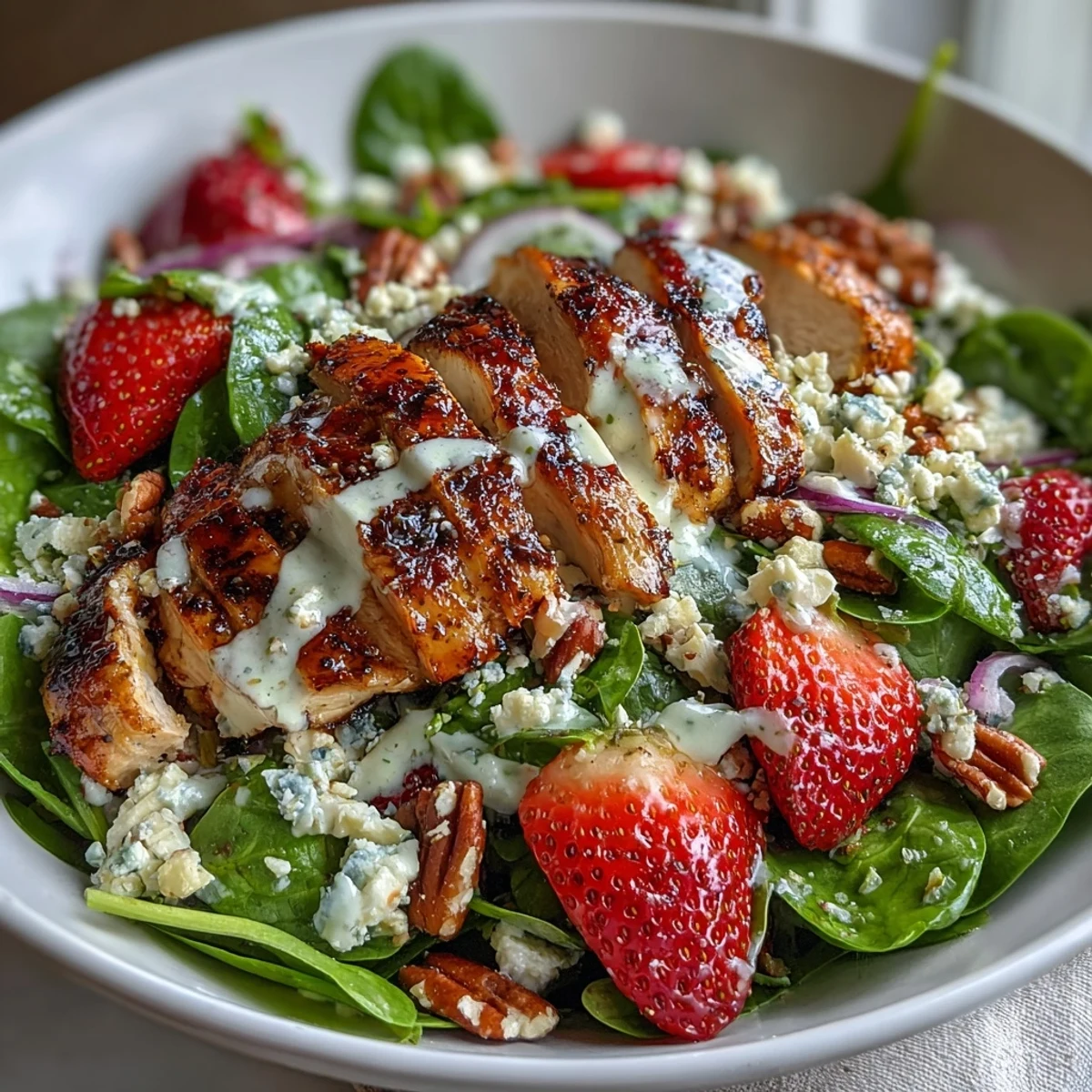 Freshly grilled chicken slices and sliced strawberries rest on a bed of spinach, drizzled with creamy poppy seed dressing. 