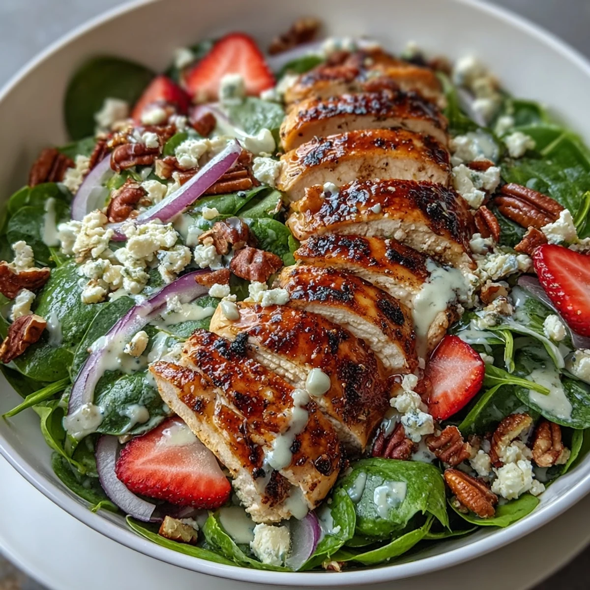 Juicy grilled chicken, sweet strawberries, and feta cheese top a vibrant spinach salad with a sprinkle of toasted pecans. 