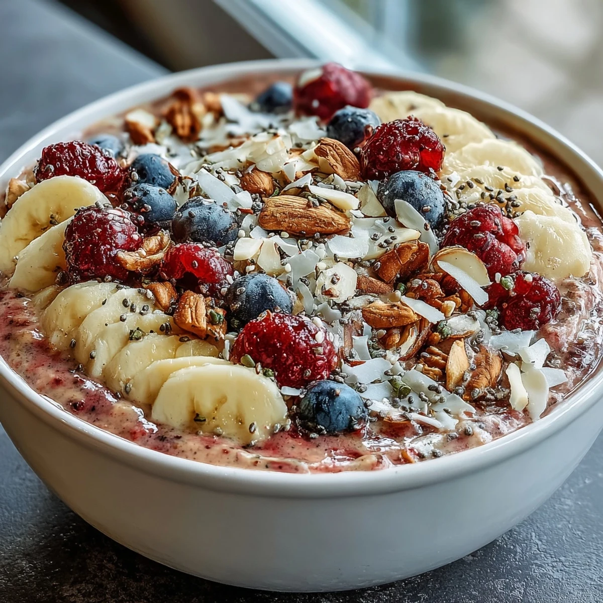 Close-up of a nutritious Berry Greek Yogurt Smoothie Bowl showing fresh berries, chia seeds, and a drizzle of honey.