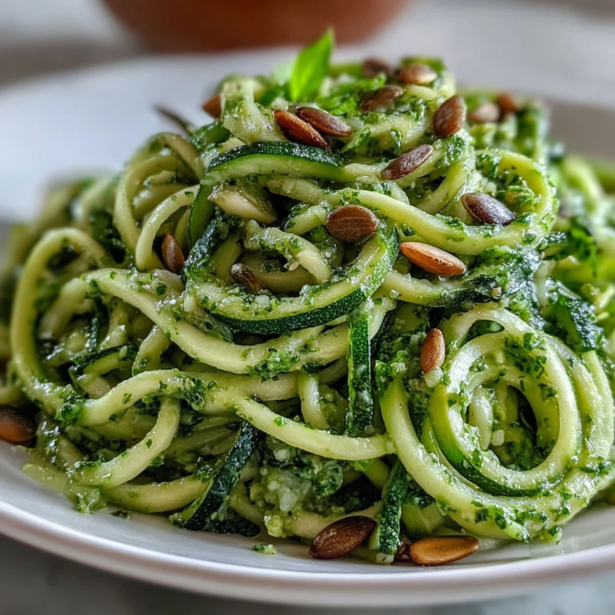 Vegan Pumpkin Seed Pesto Zucchini Noodles served raw in a white bowl with halved cherry tomatoes and fresh basil garnish.