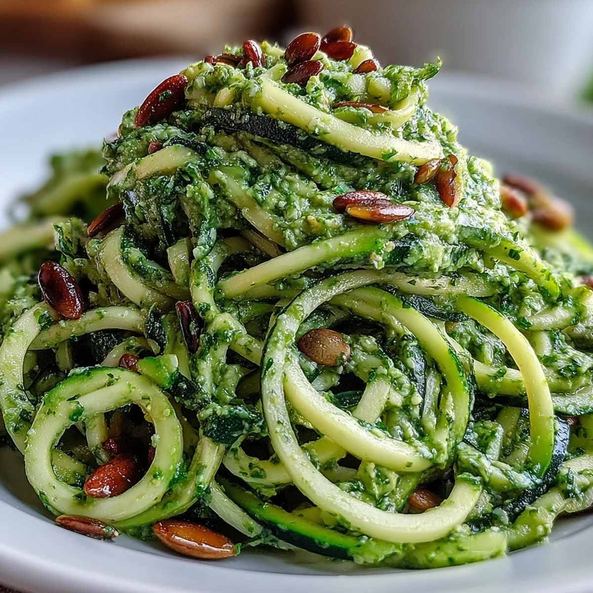 Vegan Pumpkin Seed Pesto Zucchini Noodles plated as a vibrant, low-carb main dish perfect for a healthy lunch.