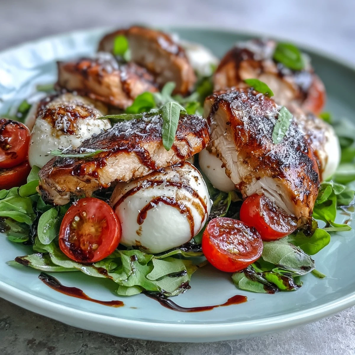Juicy grilled chicken caprese bowls with fresh mozzarella, ripe tomatoes, and basil, drizzled with balsamic reduction over quinoa.