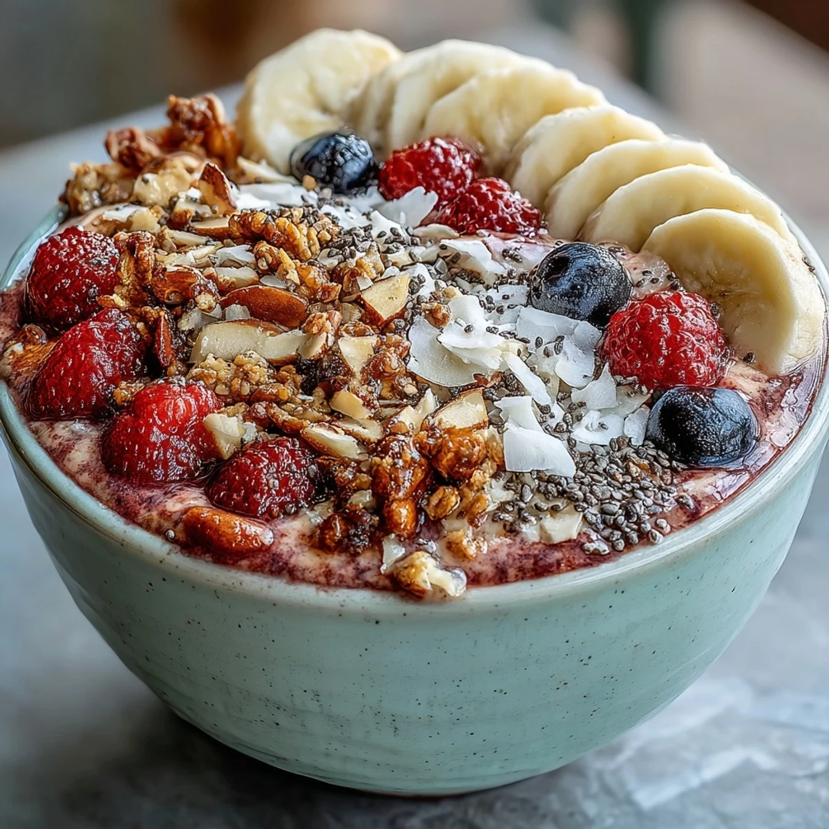 Thick Berry Greek Yogurt Smoothie Bowl topped with crunchy granola, chia seeds, and fresh fruit for a healthy breakfast.