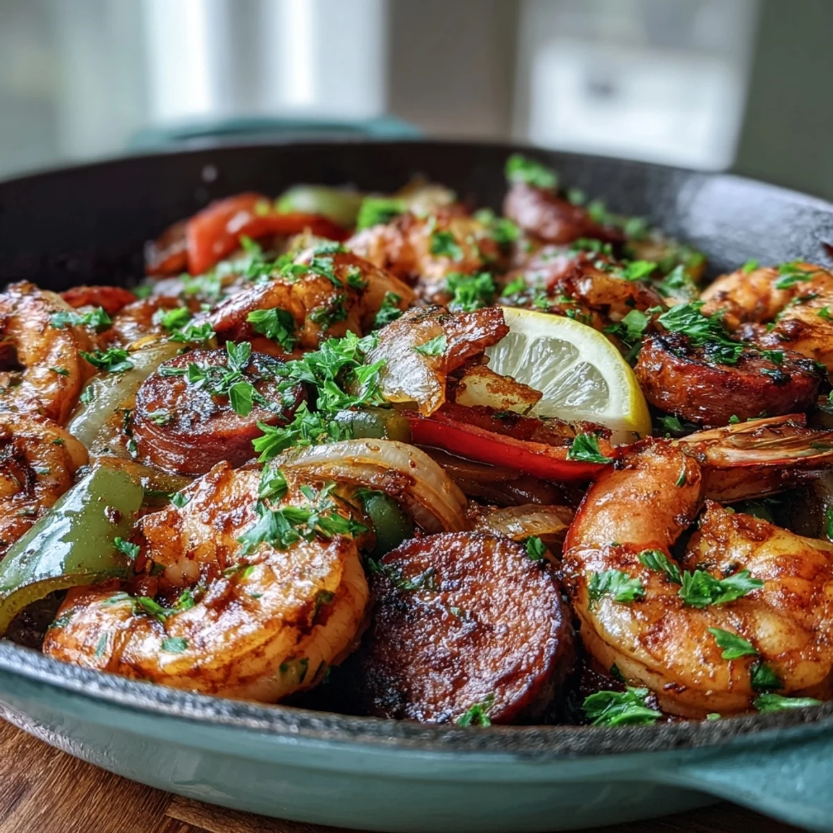 Zesty Keto Cajun Shrimp and Sausage Skillet tossed with colorful bell peppers and fresh parsley garnish.