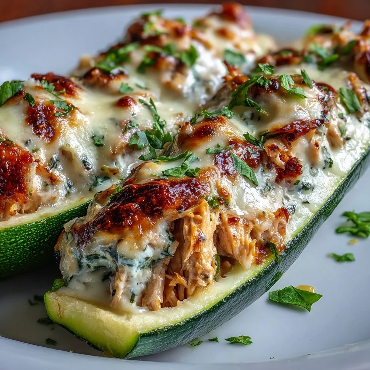 Tender zucchini boats stuffed with creamy garlic chicken and bubbling mozzarella, served hot from the oven.