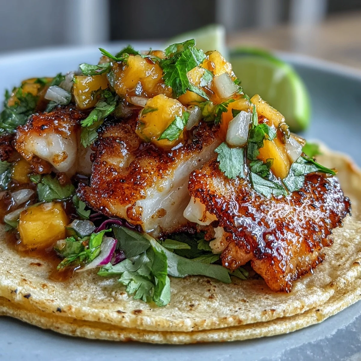 Fresh tilapia tacos with zesty mango salsa, served in warm corn tortillas and topped with crunchy red cabbage.  