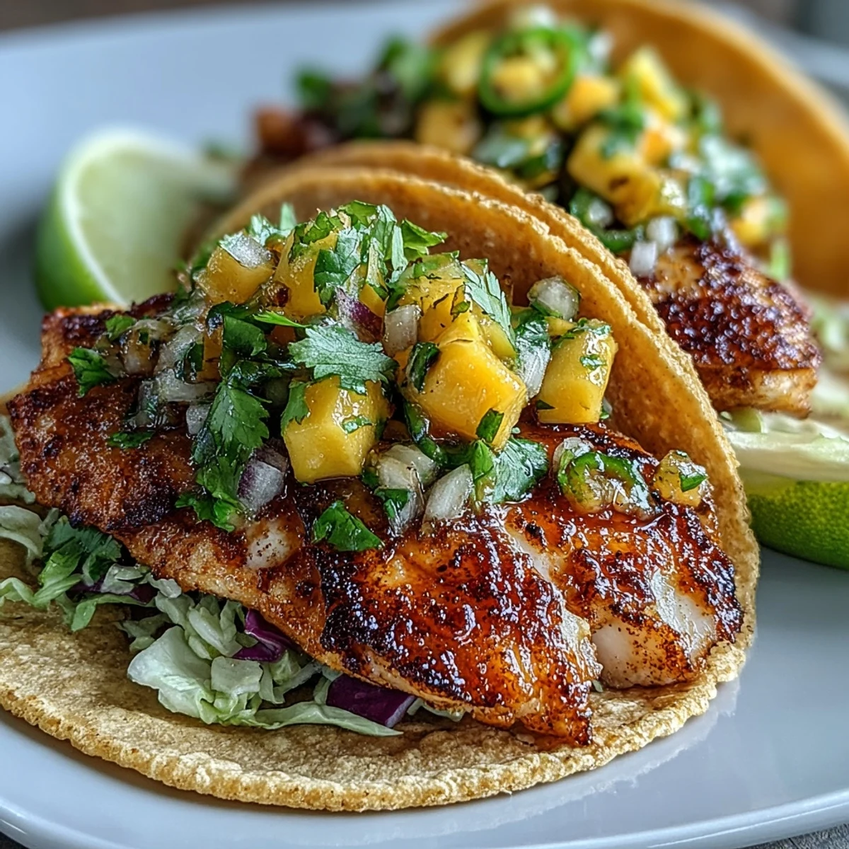 Colorful tilapia tacos featuring pan-seared fish, vibrant mango salsa, and shredded cabbage wrapped in soft corn tortillas.