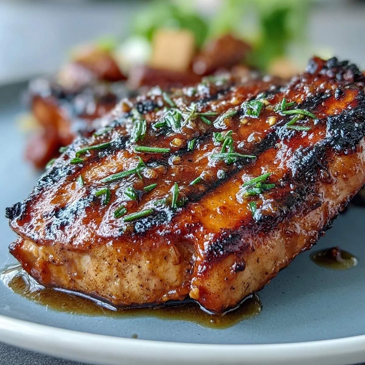 Honey mustard grilled chicken with roasted sweet potato wedges, tender and juicy with a tangy glaze, served alongside golden caramelized sweet potatoes.