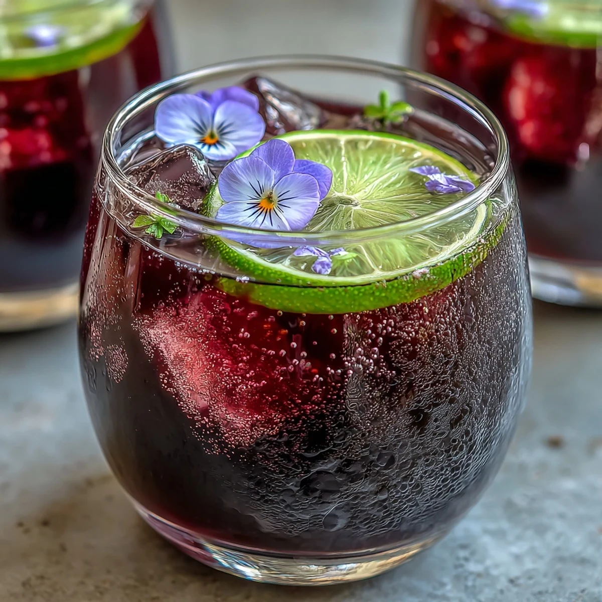 A vibrant black currant gin cocktail garnished with fresh lime wheel and edible flowers, served in a chilled glass over ice cubes.