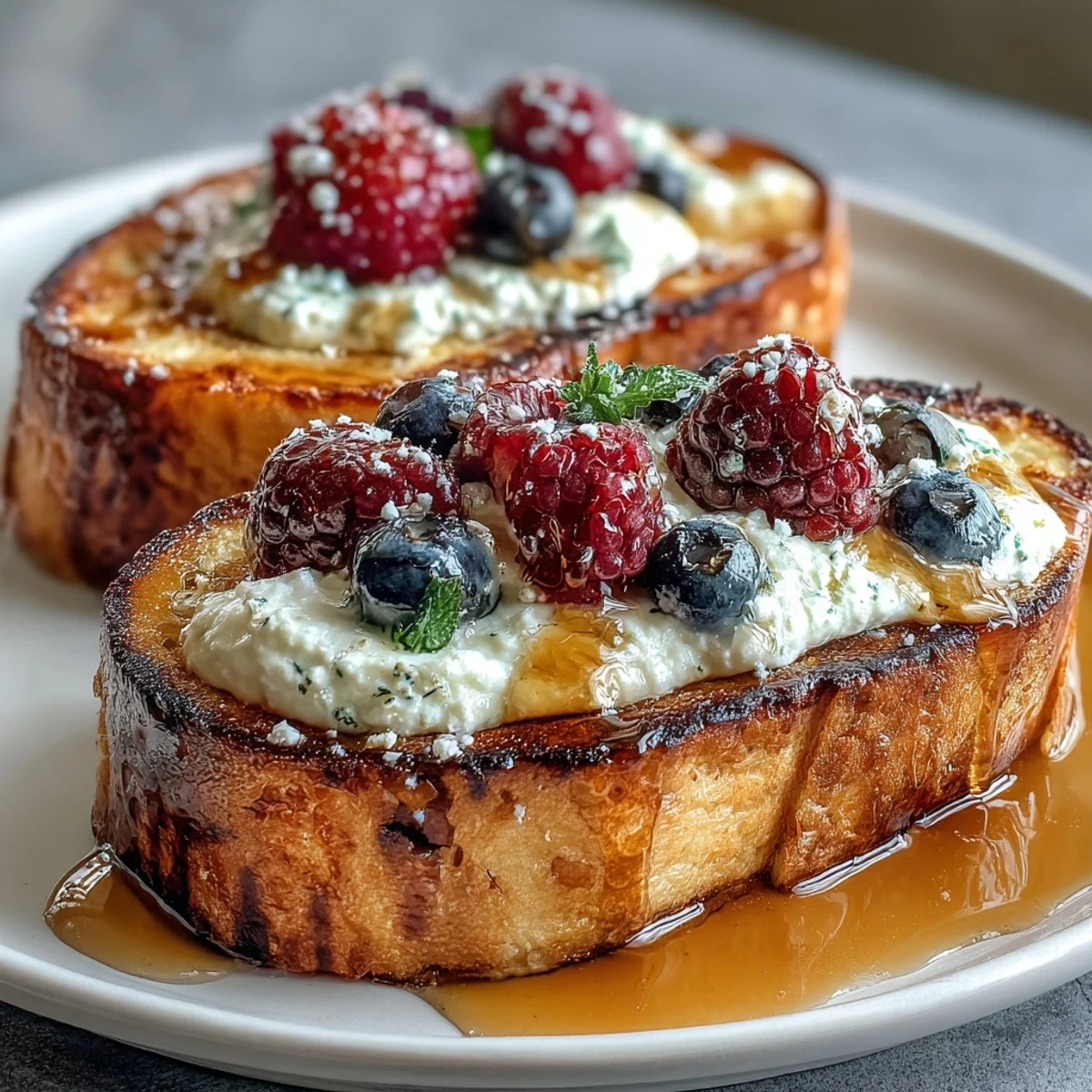 Wholesome, golden sourdough toast layered with creamy whipped ricotta, drizzled with salted honey, and topped with vibrant fresh berries.  