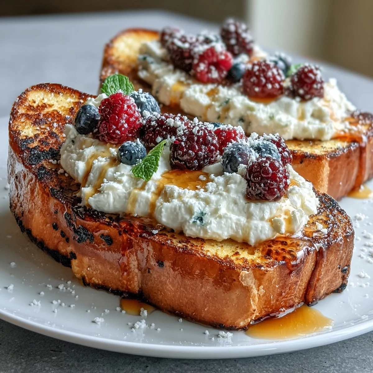 Aromatic and indulgent salted honey ricotta toast with fluffy ricotta, floral honey, and juicy seasonal berries for a perfect brunch.  