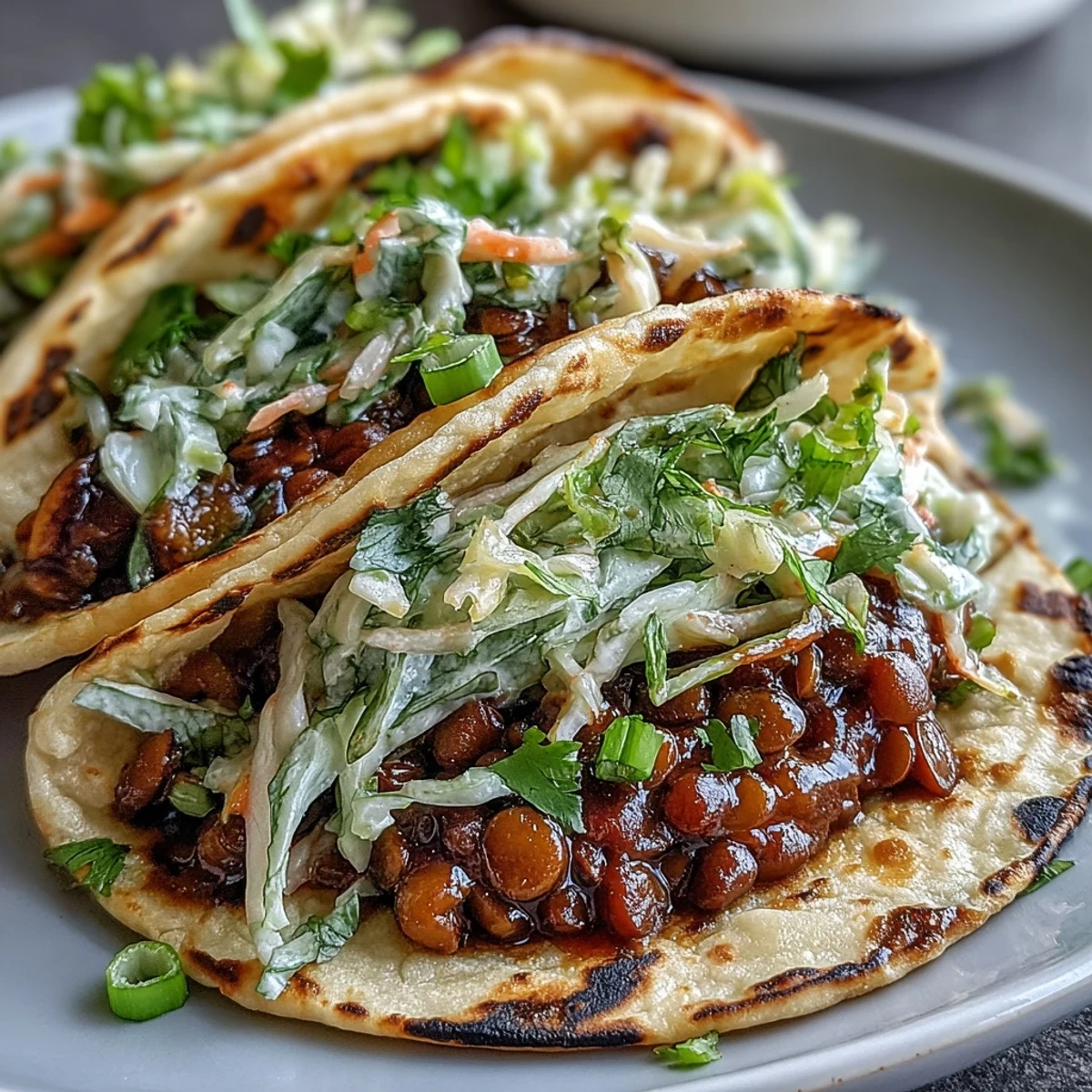 Hearty vegan tacos filled with tangy BBQ lentils and crisp cabbage slaw, garnished with fresh cilantro and lime wedges.