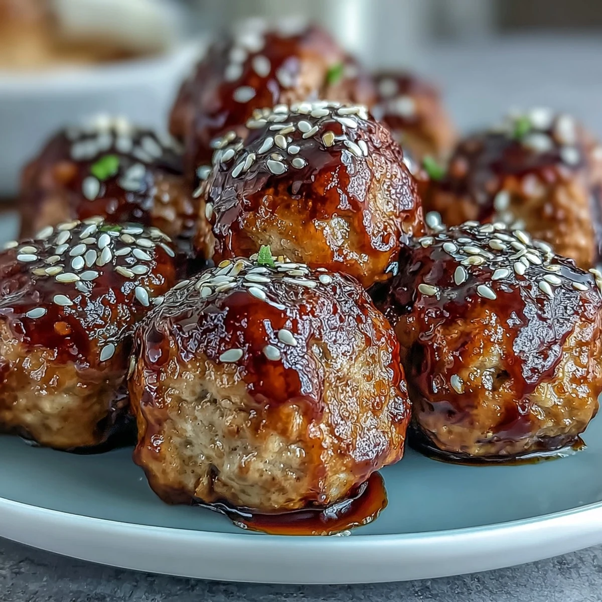 Light teriyaki turkey meatballs with pineapple veggie skewers served on a colorful platter with glossy sauce.