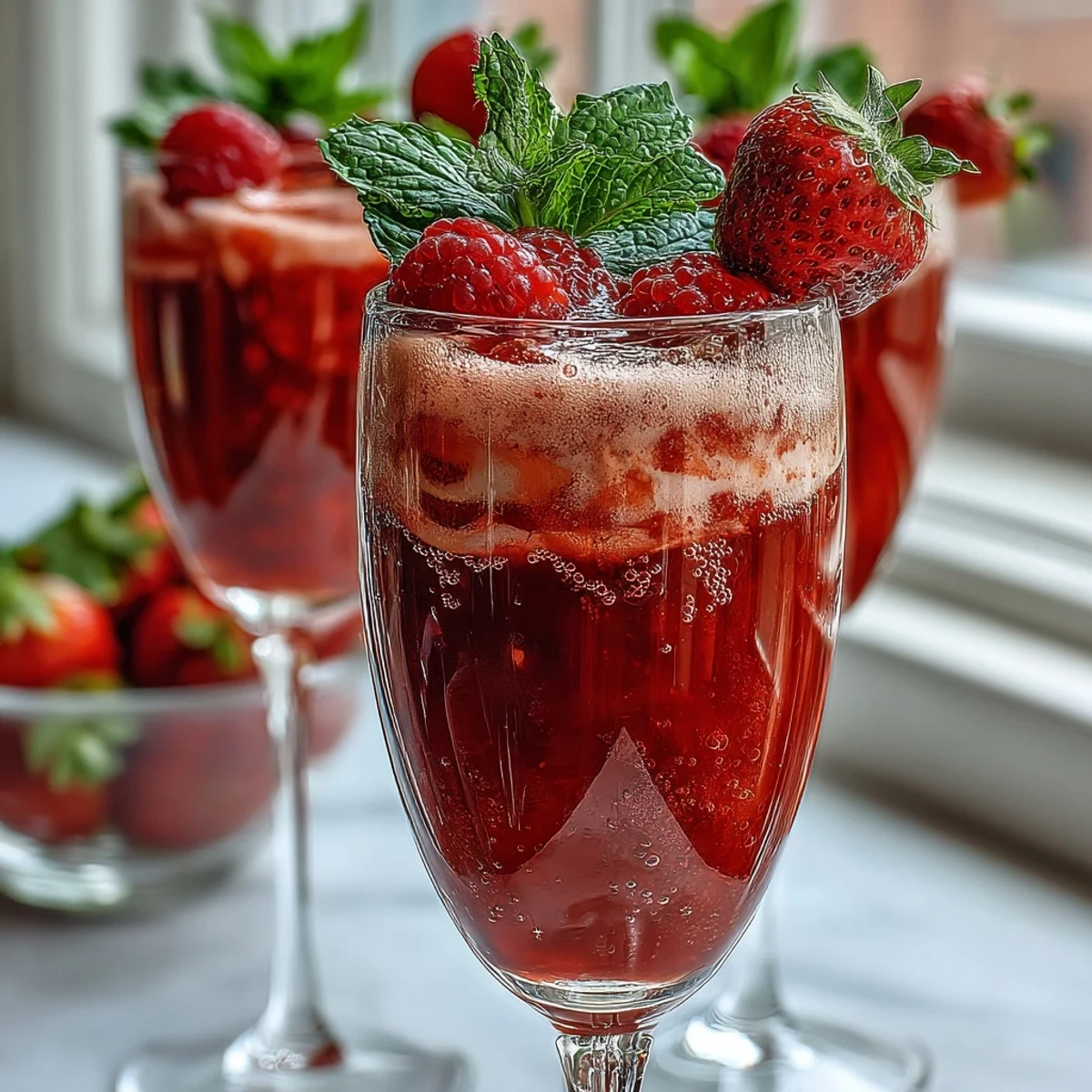 Interactive strawberry mimosa station featuring chilled Prosecco, fruit juices, and garnishes for a fun, social Galentines gathering.