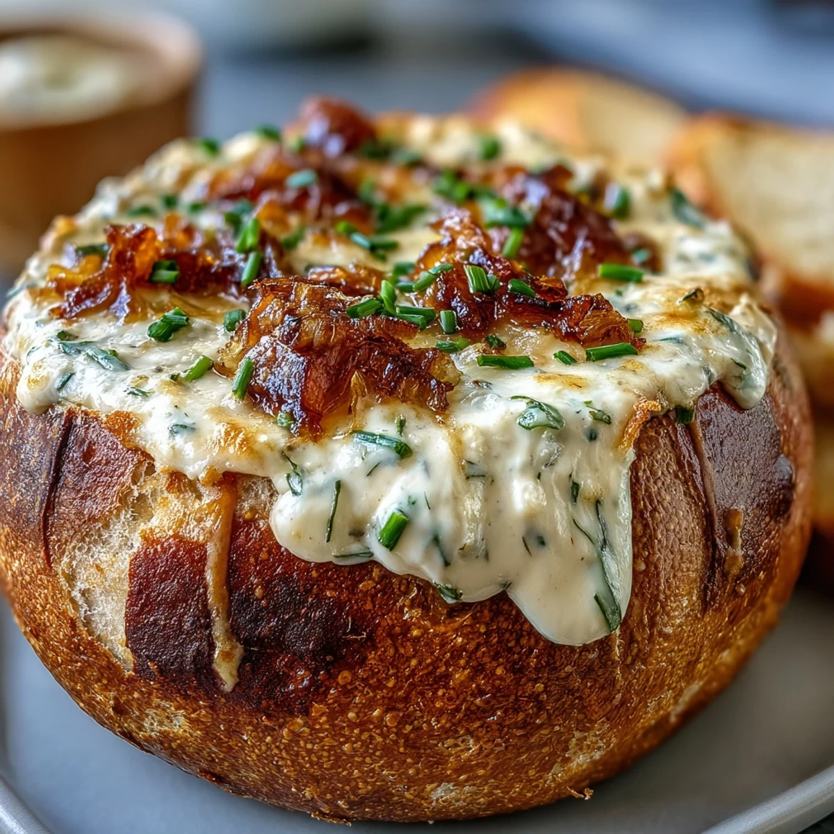 Sourdough onion dip bread bowl with creamy caramelized onions and fresh herbs, baked to perfection for a warm, savory appetizer.  