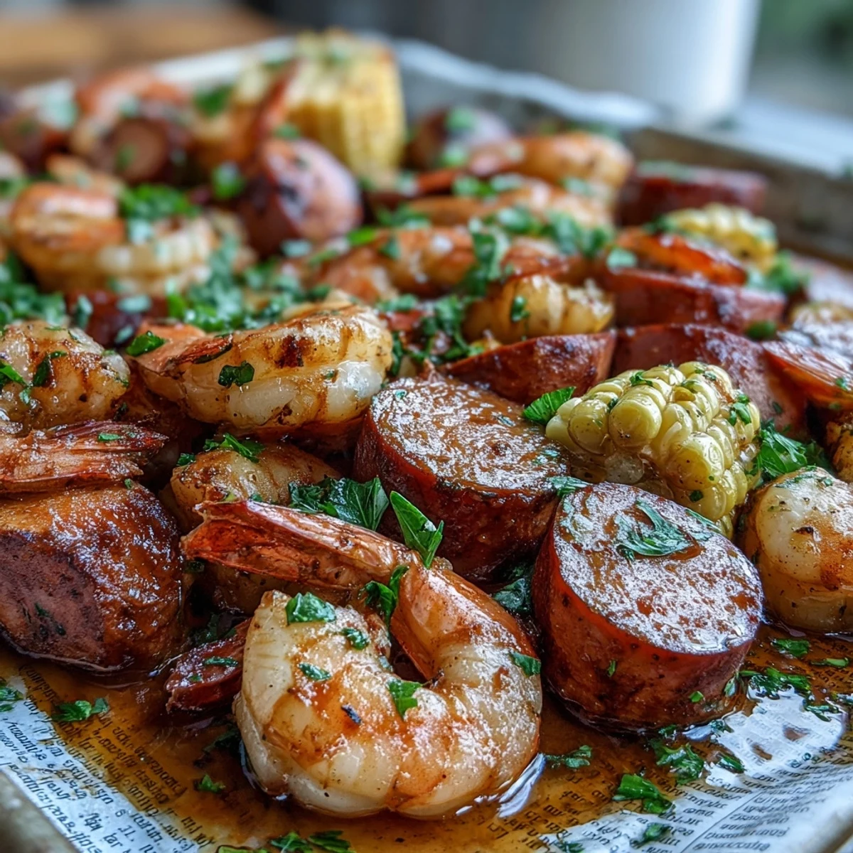 Cajun shrimp and sausage boil with tender potatoes, sweet corn, and onions in a spicy broth.  