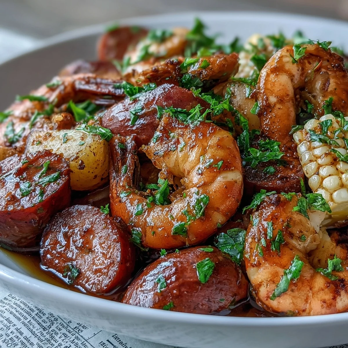Festive shrimp and sausage boil featuring red potatoes, sweet onions, and corn, all cooked with zesty Cajun seasoning.