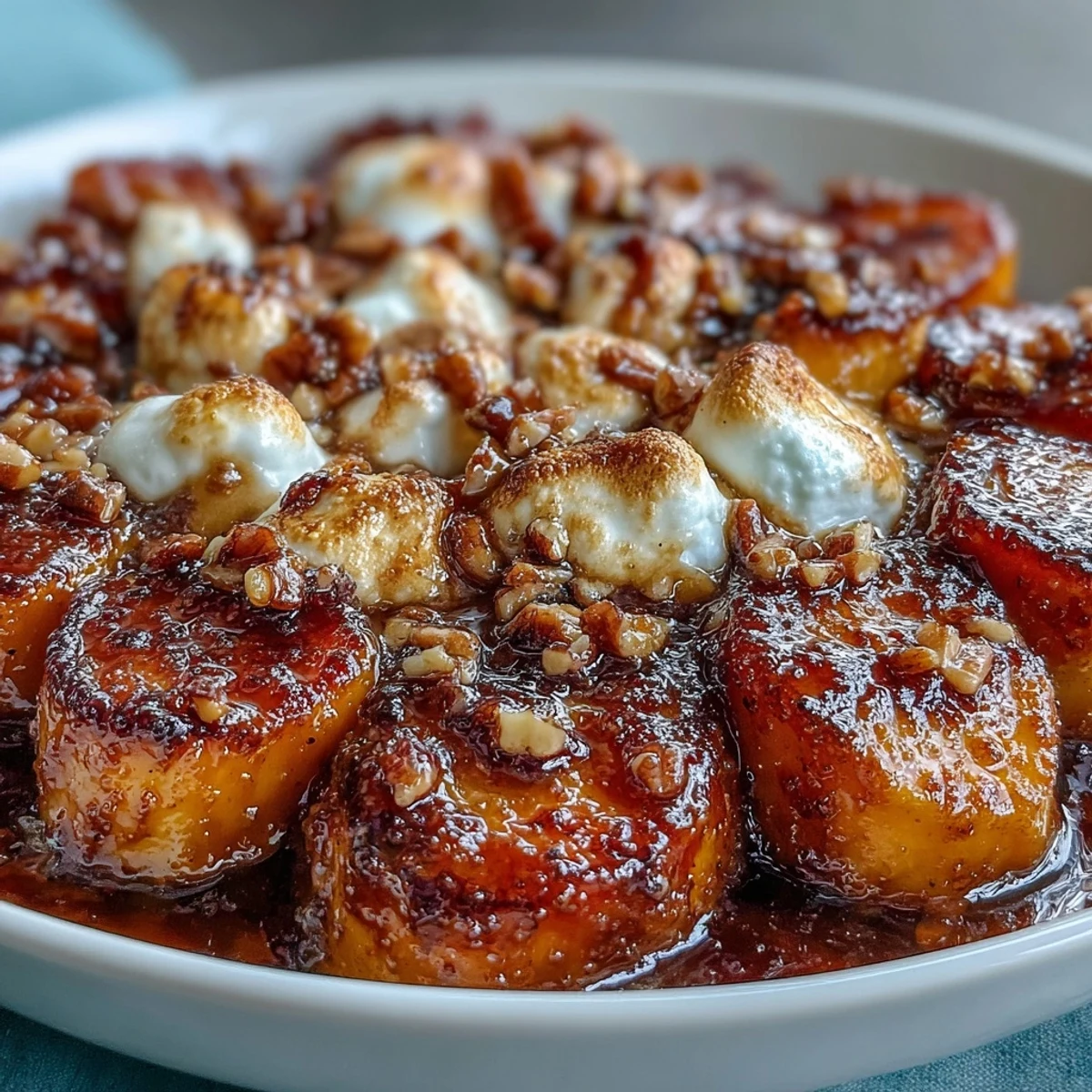 Candied yams with marshmallow pecan crumble, a sweet and gooey holiday side dish with toasted marshmallows and crunchy pecan topping.  
