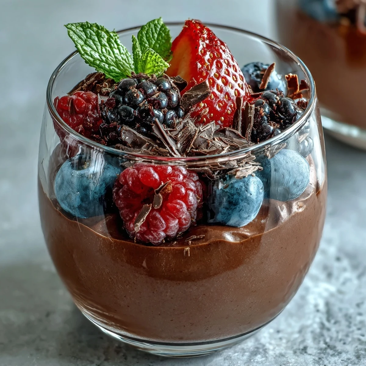 High-protein cottage cheese chocolate mousse with fresh strawberries, blueberries, and raspberries for a guilt-free treat.