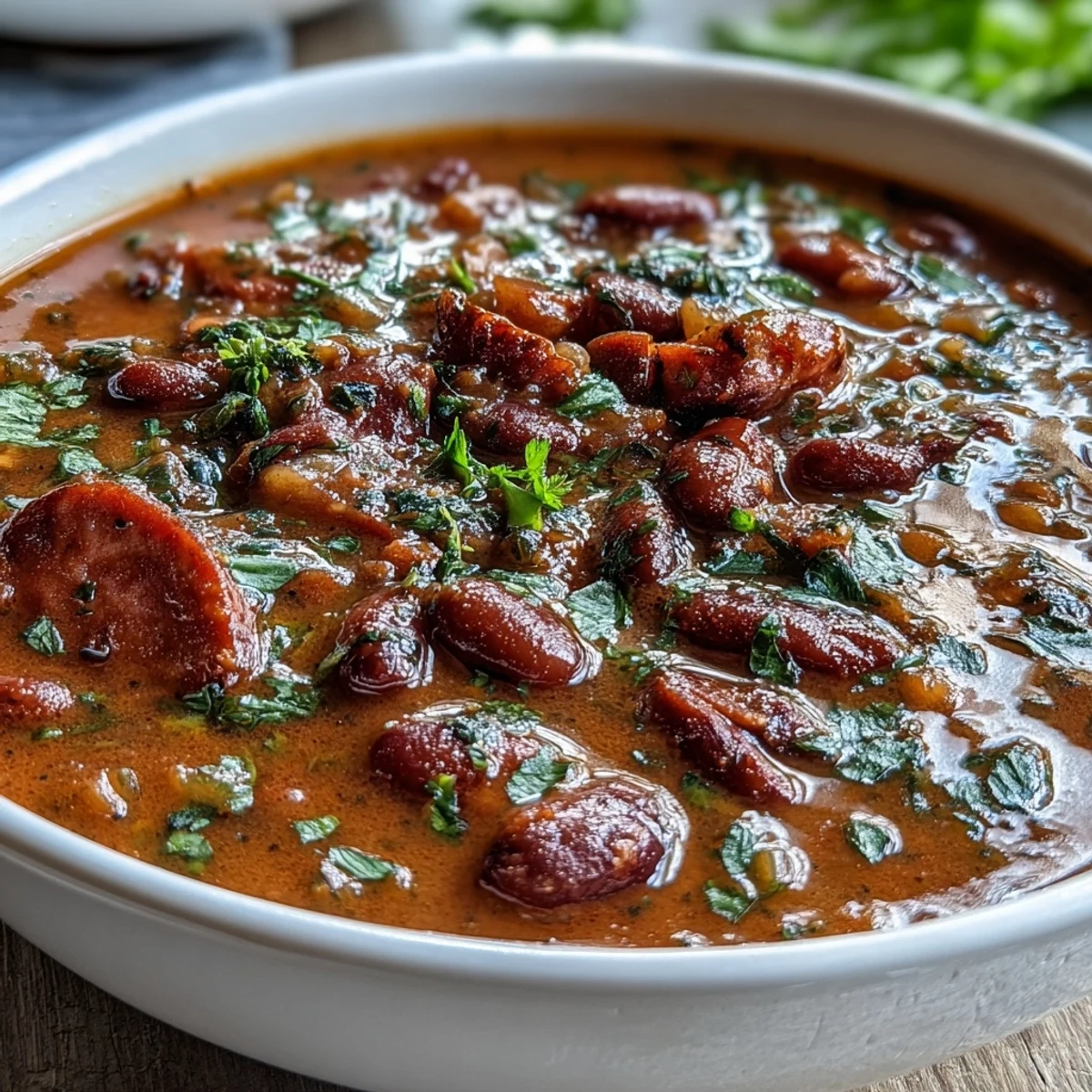 Hearty ham and red bean soup with smoky ham hock, tender beans, and Creole spices in a rich broth.  