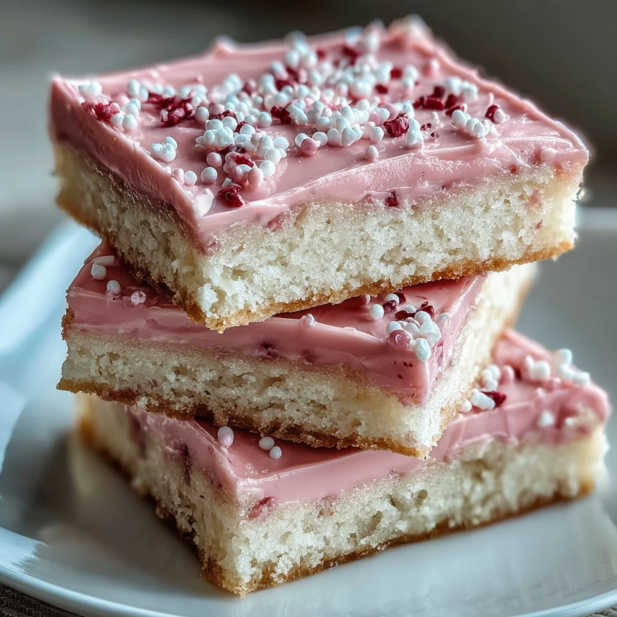 A platter of Valentine sugar cookie bars with creamy strawberry frosting and festive pink sprinkles.  