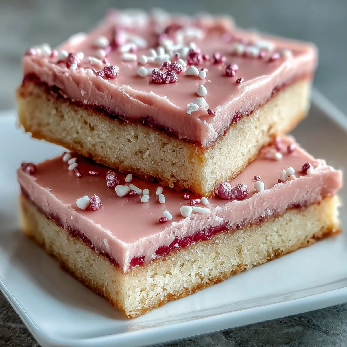Homemade Valentine sugar cookie bars with vibrant strawberry frosting, perfect for sharing on a festive dessert table.