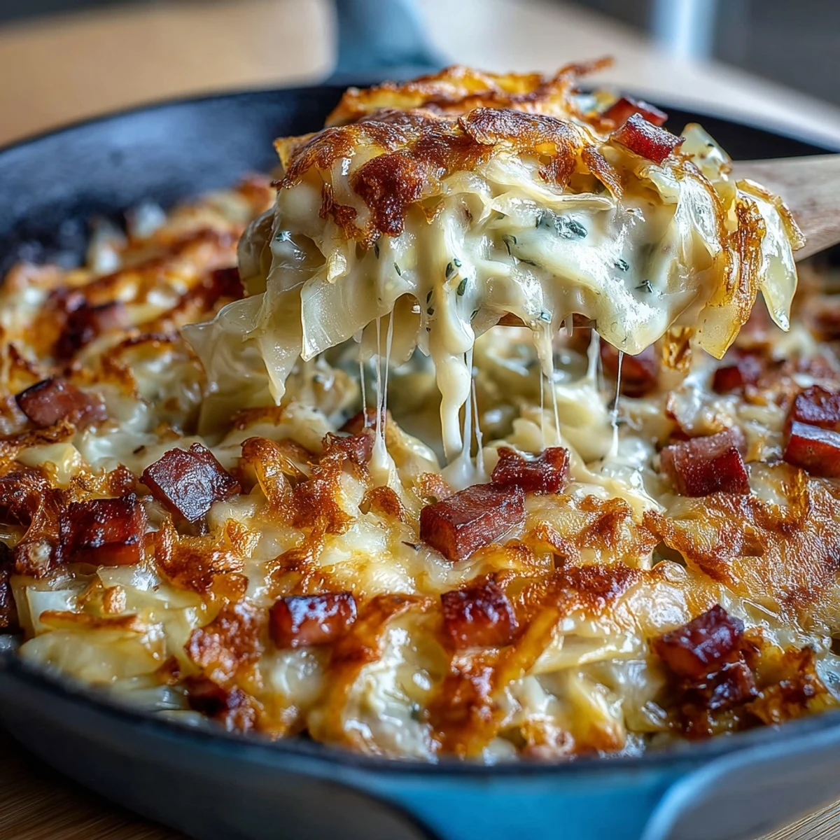 Creamy cabbage and ham skillet with tender vegetables in a rich, cheesy sauce—perfect for a cozy low-carb dinner.