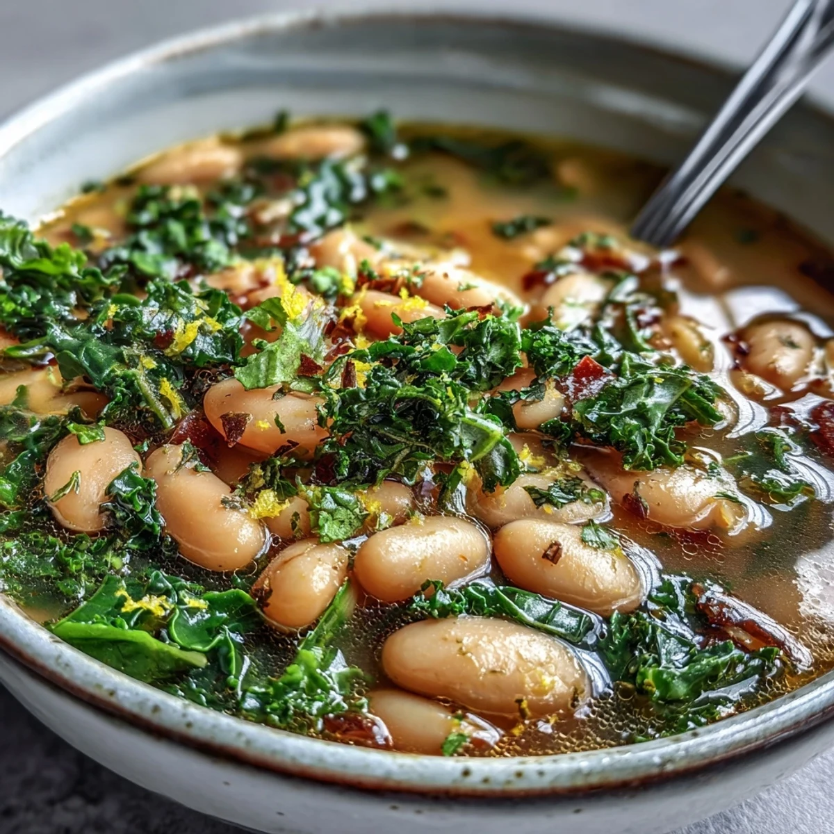 A steaming bowl of Tuscan white bean soup with tender kale and fresh lemon zest, garnished with Parmesan and olive oil.  