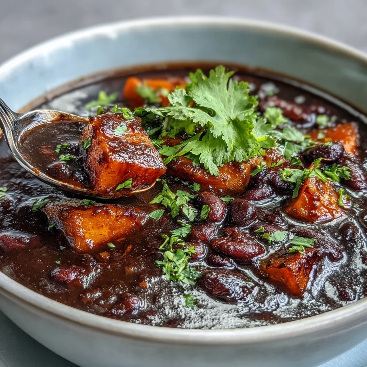Creamy, hearty soup with tender sweet potatoes, black beans, and a bright lime crema swirl for a zesty finish.  