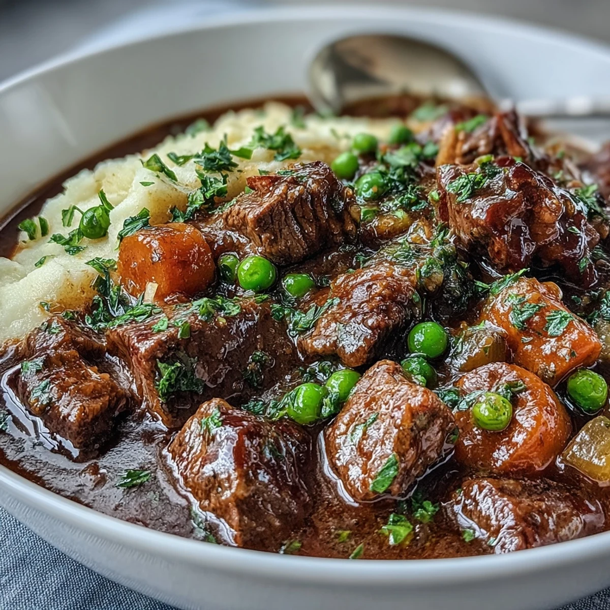 Hearty Irish beef stew with tender lean beef, vegetables, and rich red wine sauce, served over creamy cauliflower mash.  