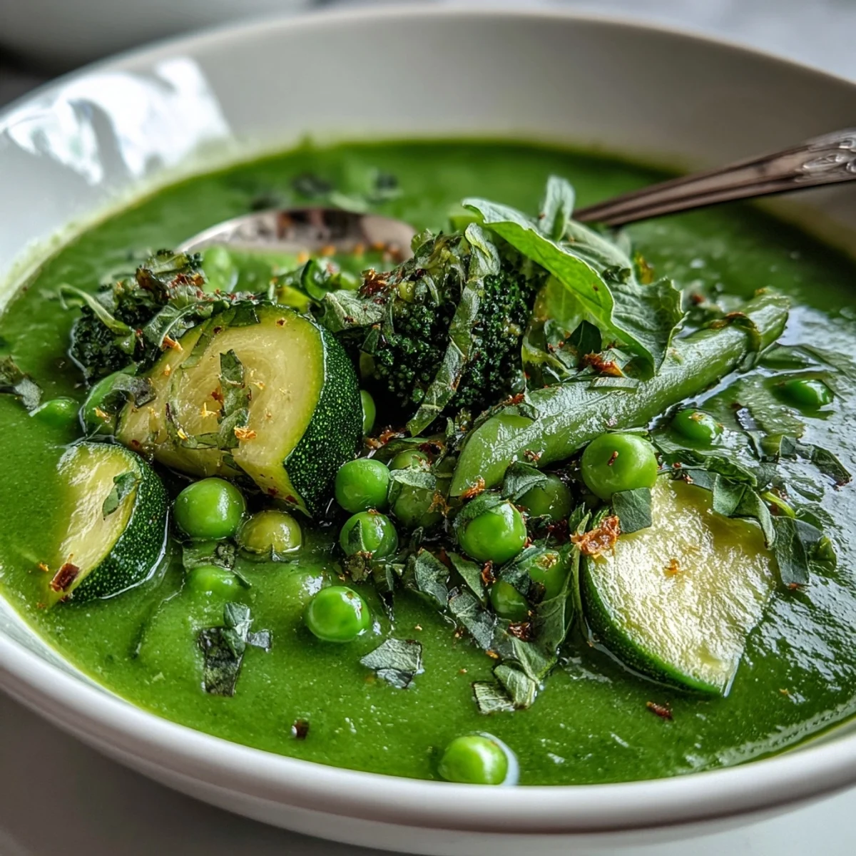 Creamy pureed green vegetable soup featuring zucchini, peas, and broccoli, perfect for a light and healthy meal.  