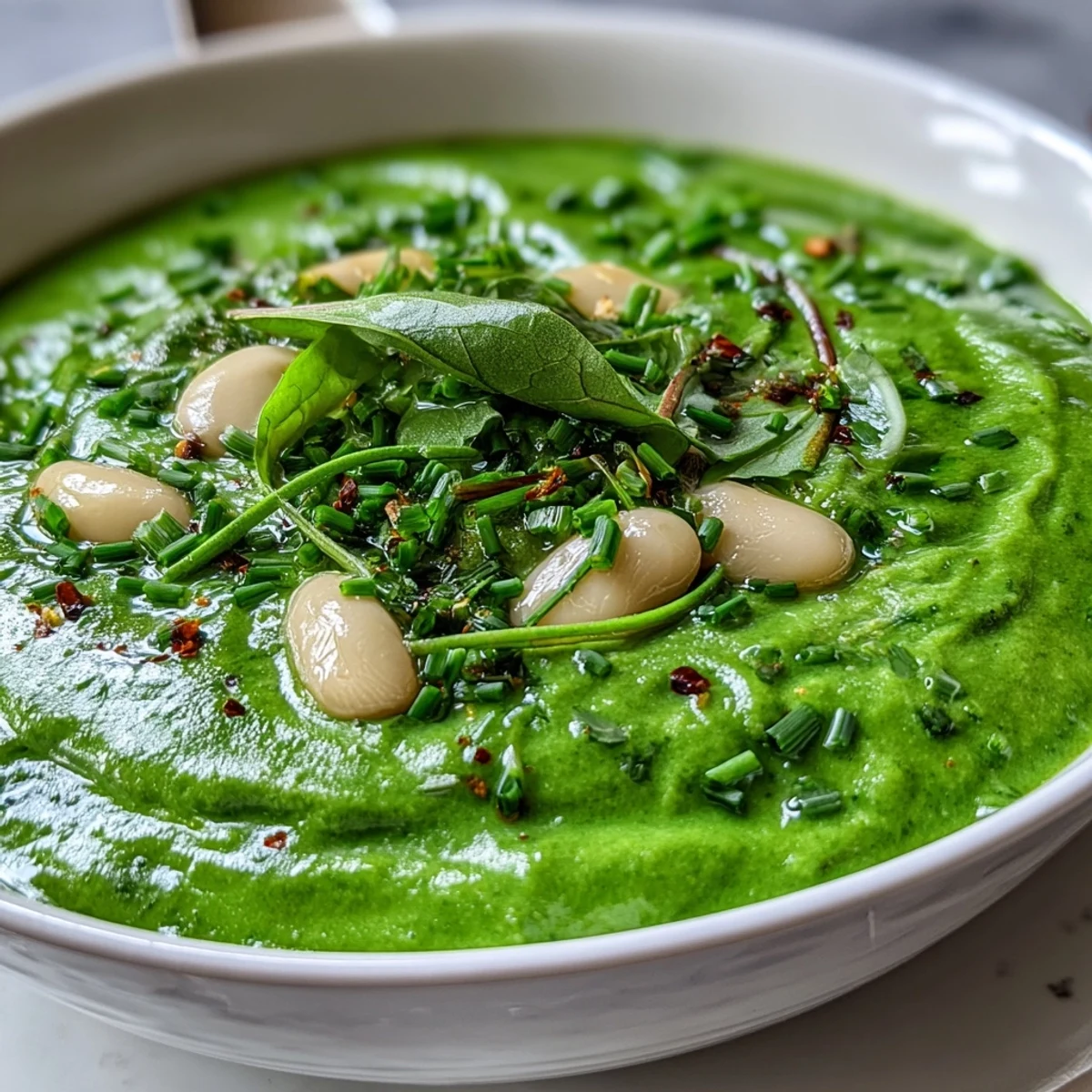 Creamy spinach and white bean soup blended with broccoli and zucchini, topped with fresh herbs for a nourishing meal.