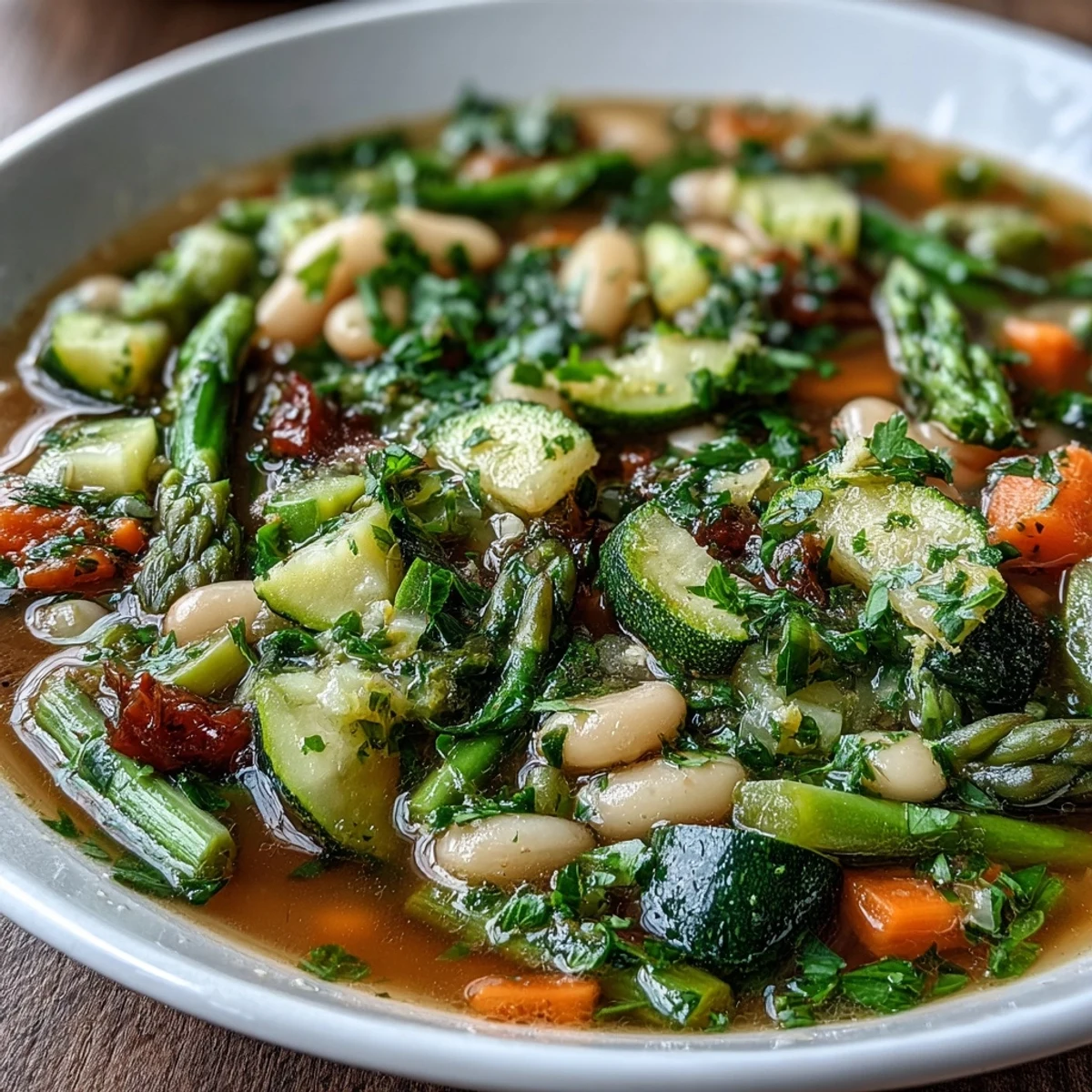A steaming bowl of spring minestrone with white beans and asparagus, packed with colorful vegetables and tender pasta in a savory broth.
