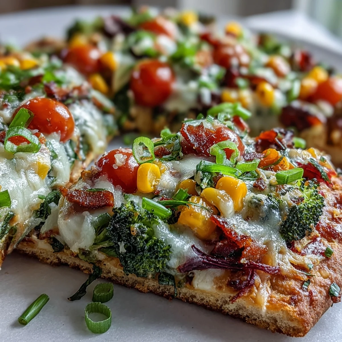 Colorful St. Patricks Day Rainbow Veggie Flatbread Pizza showcasing a medley of red tomatoes, orange peppers, yellow corn, green spinach, and purple cabbage arranged in a vibrant rainbow pattern.