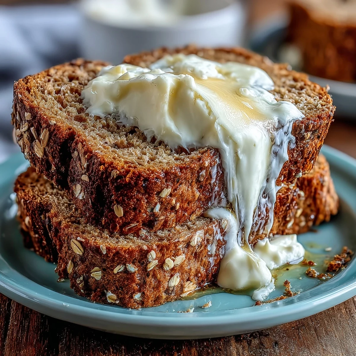 Hearty wholemeal Irish brown bread topped with oats, sliced and paired with sweet, spreadable honey butter.