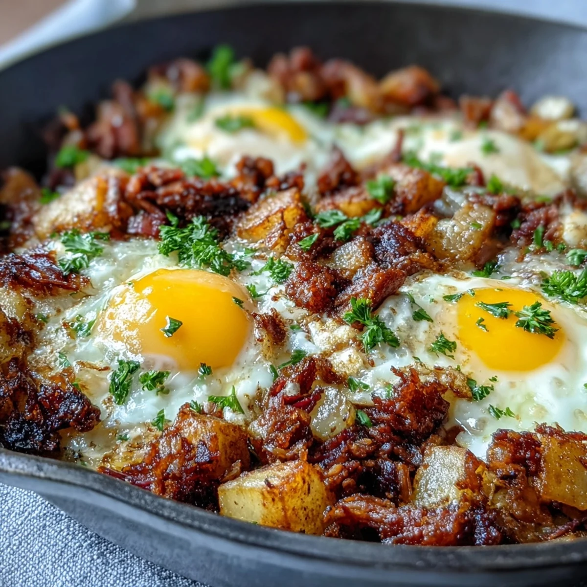 Hearty corned beef hash breakfast skillet with golden potatoes, peppers, onions, and perfectly cooked eggs served hot.  