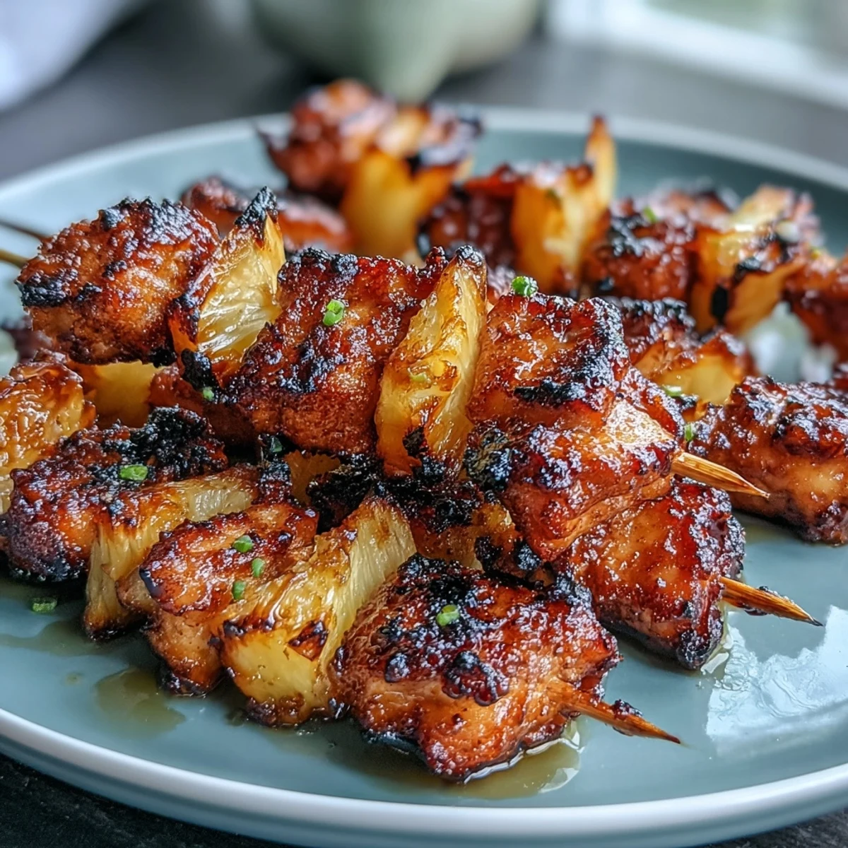 Golden brown air fryer chicken pineapple bites served hot, combining savory chicken and tropical pineapple in every skewer.  